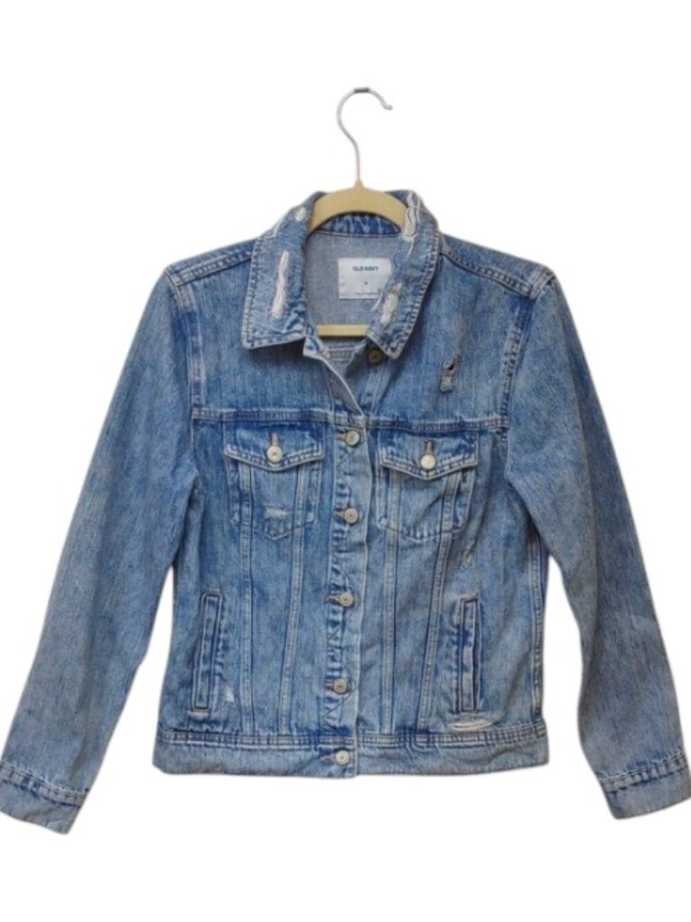 Old Navy Women's Light Blue Heavily Distressed Denim All Cotton Trucker Jacket